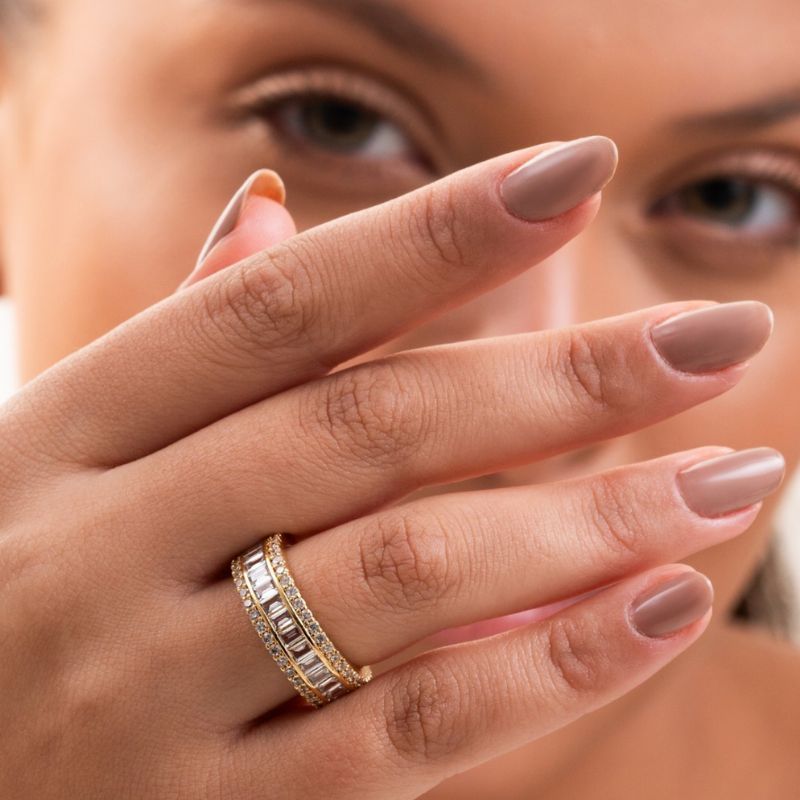 ANEL PREMIUM MICRO ZIRCÔNIA BAGUETES E REDONDAS EM BANHO DE OURO 18K