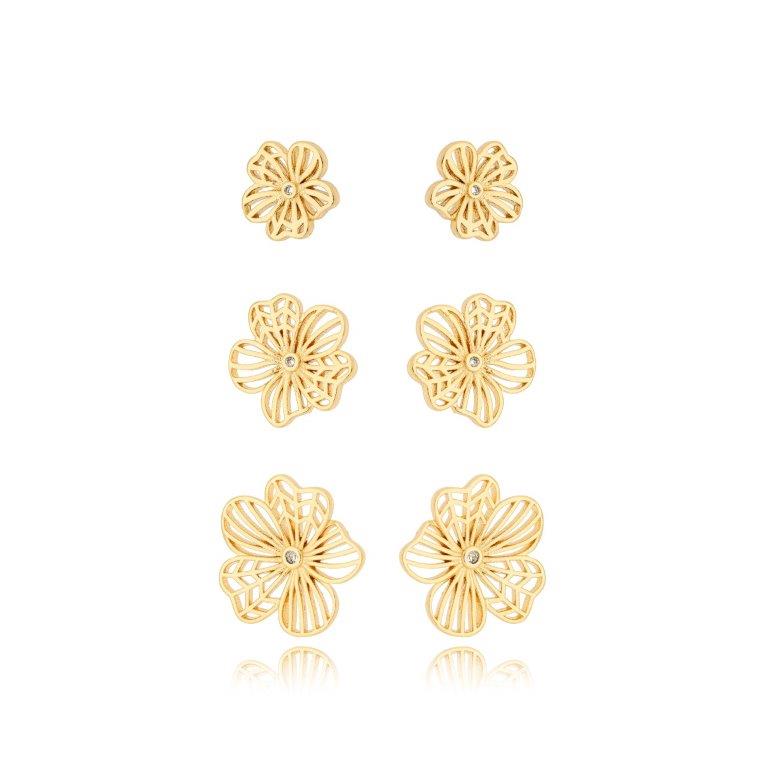 Brinco Flor c/ Detalhes Fios e Zirconias