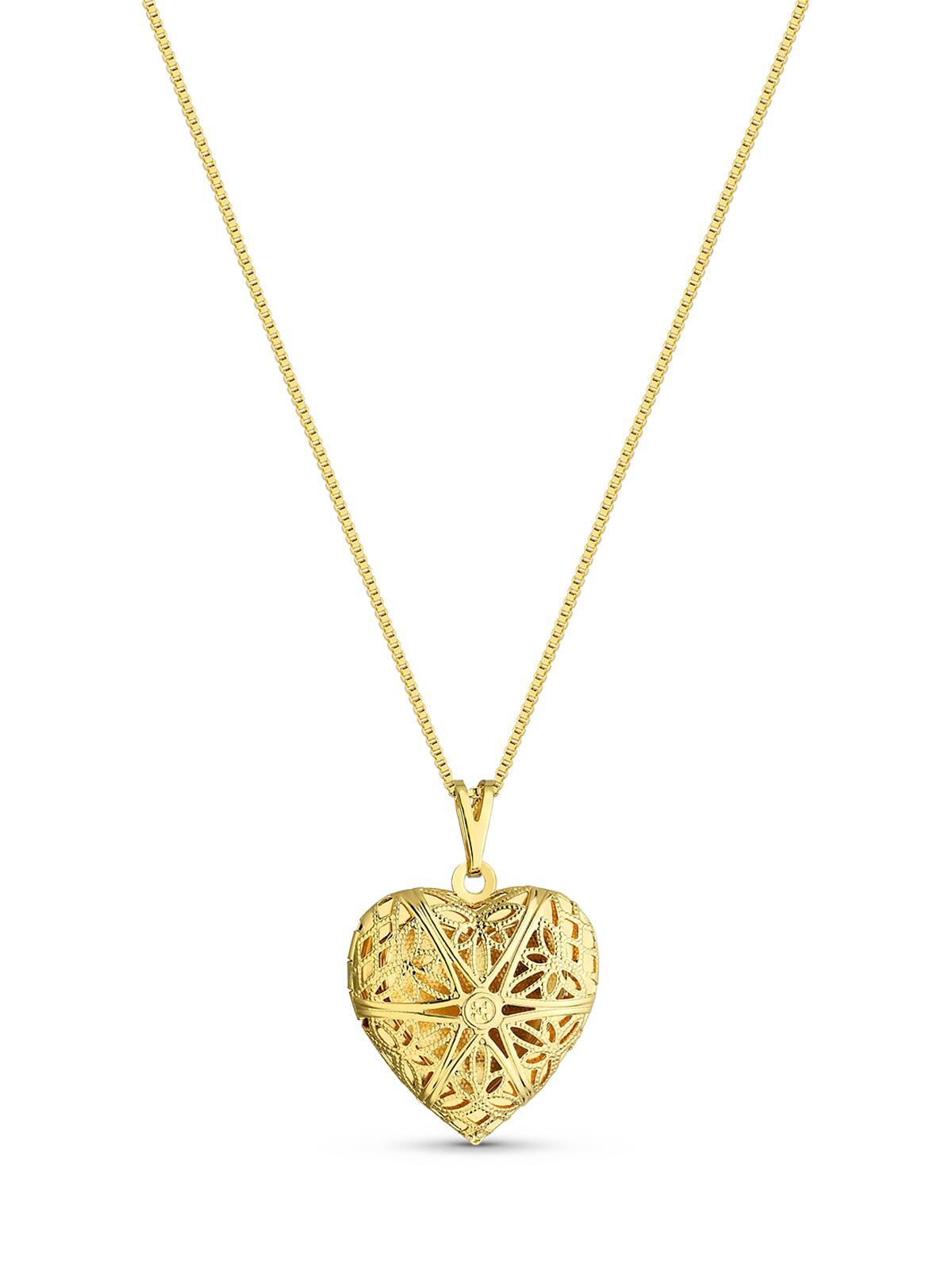 Colar Relicário Coração com Detalhes Vazados 50cm Banhado a Ouro 18k