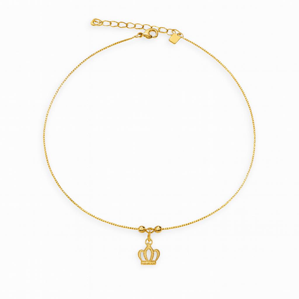 Tornozeleira com Pingente Coroa 23cm + 5cm Banhada a Ouro 18k