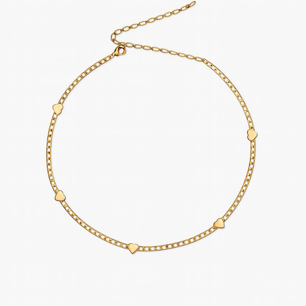 Choker Corrente Grumet com 5 Corações Liso 30cm + 10cm Extensor Banhado a Ouro 18k