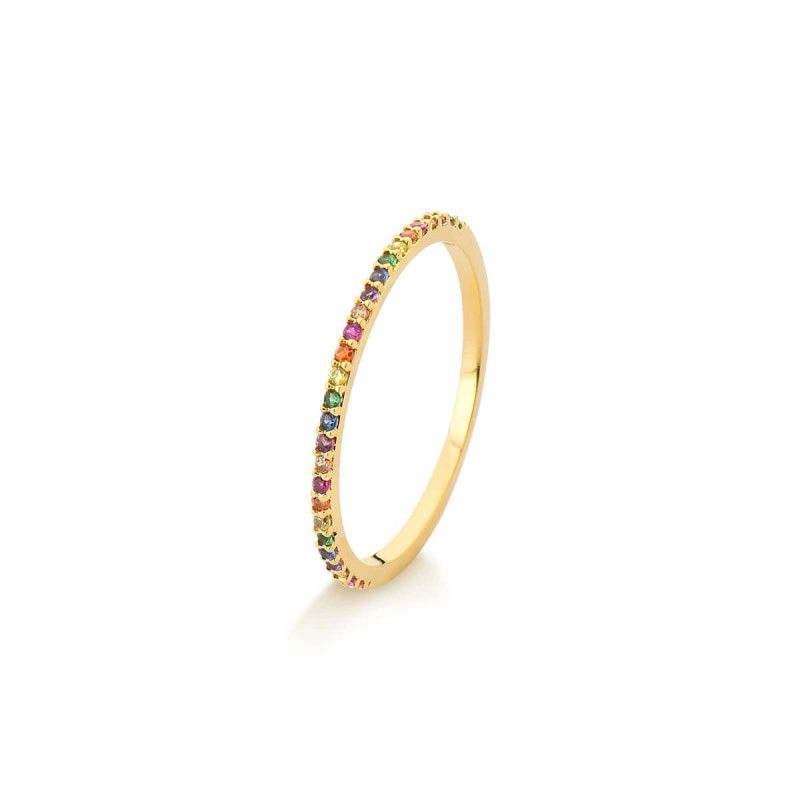 Anel Meia Aliança Cravejada em Micro Zircônias Coloridas Banhado a Ouro 18k