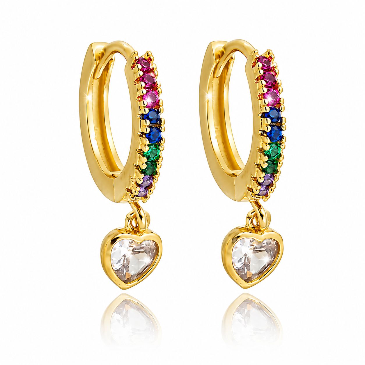 Brinco Argolinha Cravejada em Zircônia Colorida com Pingente Coração Cristal  Banhada a Ouro 18k