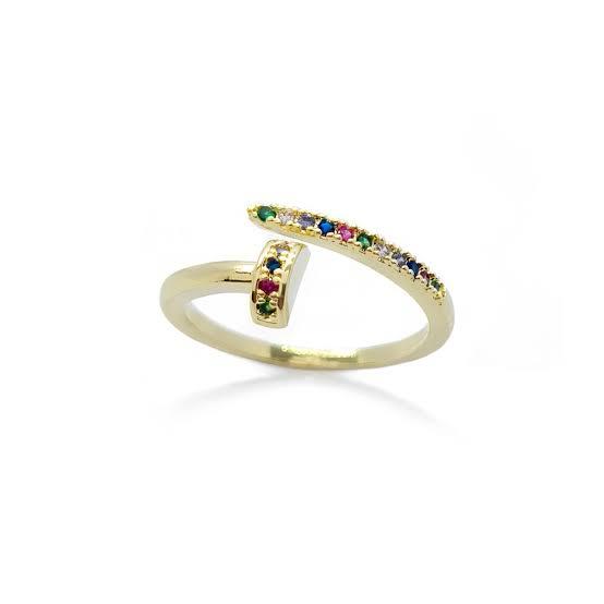 Anel Prego Ajustável Cravejado em Microzirconias Color Banhado a Ouro 18k