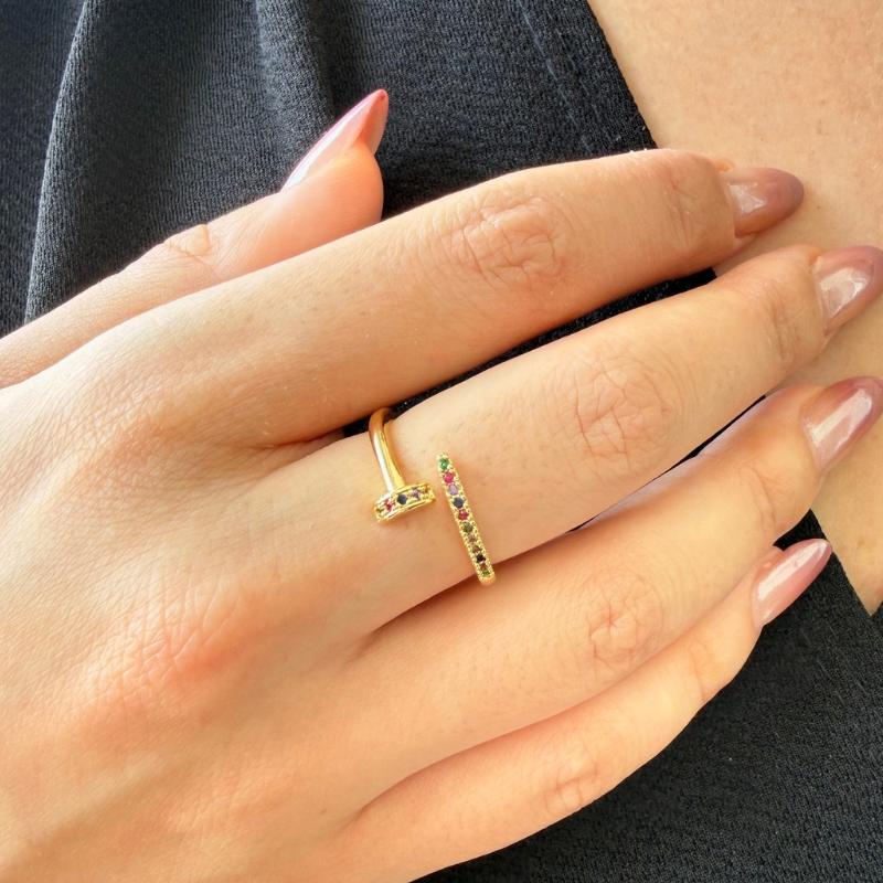 Anel Prego Ajustável Cravejado em Microzirconias Color Banhado a Ouro 18k