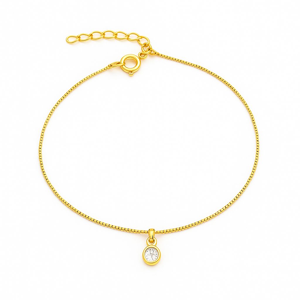 Tornozeleira Veneziana com Uma Pingente de Zircônia 21cm + 5cm Extensor Banhada a Ouro 18k