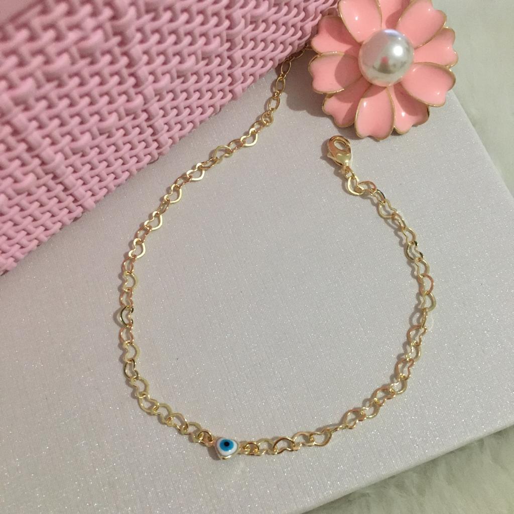 Tornozeleira Corrente Coração com Coração Olho Grego 20cm + 5cm Extensor Banhado a Ouro 18k