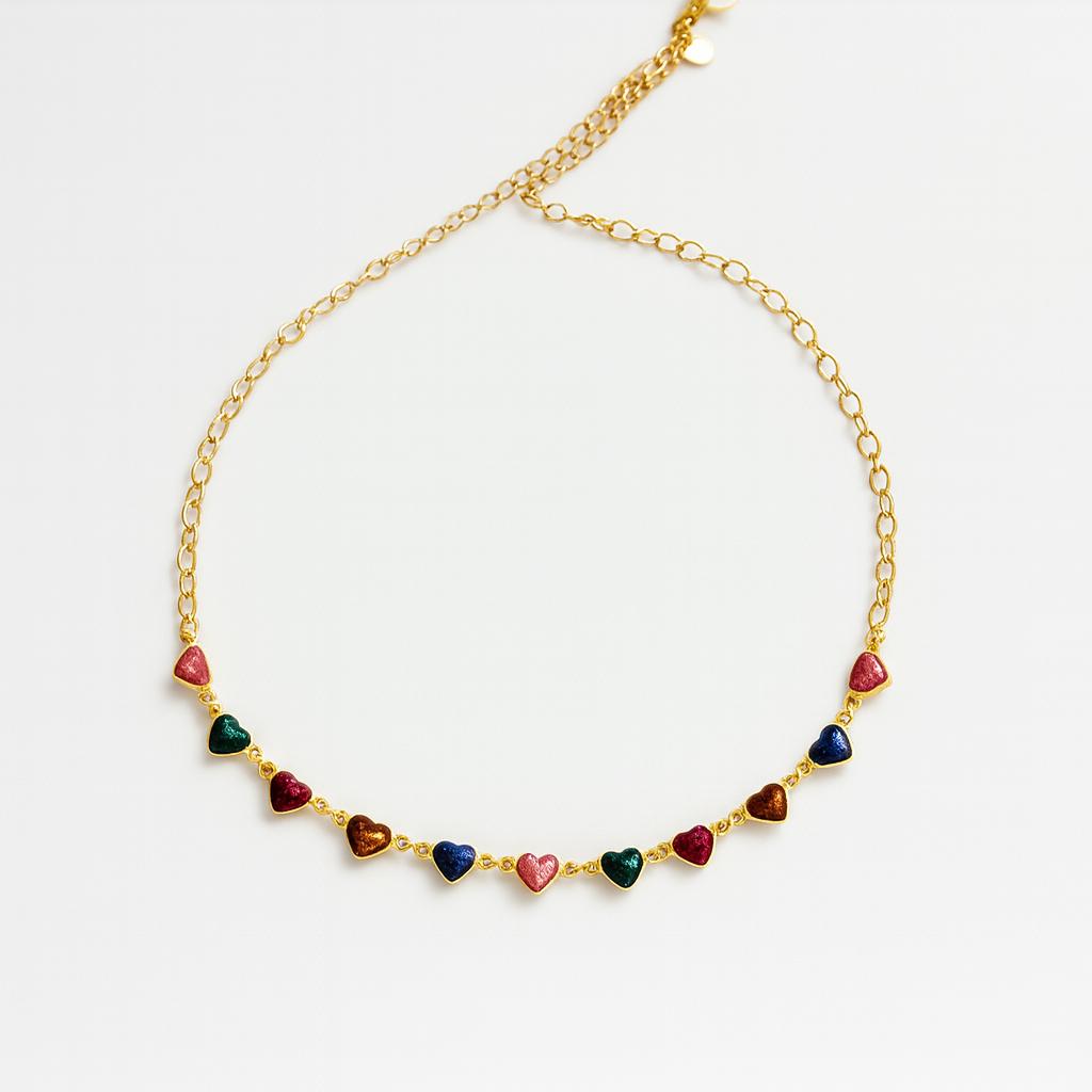 Choker Elos Coração com Pedras Coração Coloridas 33cm + 10cm Extensor Banhada a Ouro 18k