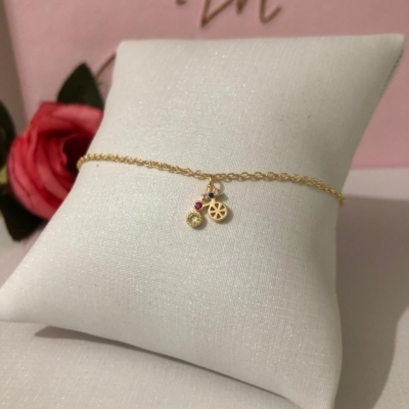 Tornozeleira com Pingente Bicicleta com Pedrinhas 23cm + 5cm Banhada a Ouro 18k