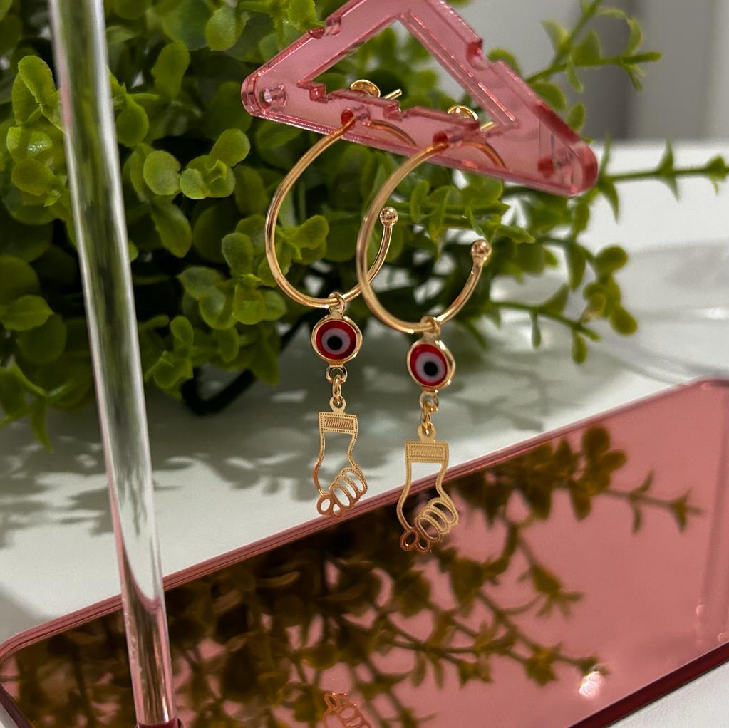 Brinco Argola com Pingente Olho Grego e Figa Banhada a Ouro 18k