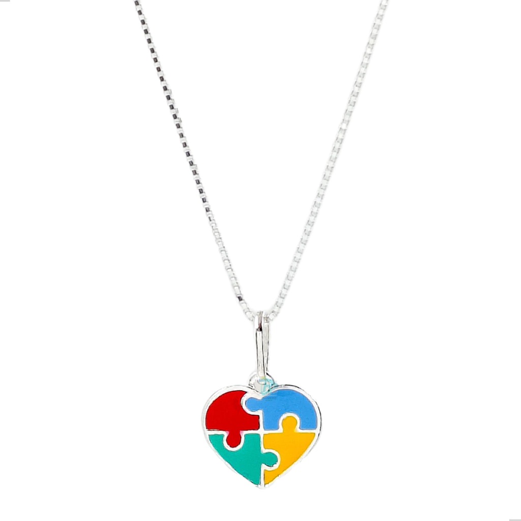 Colar Coração Autismo Quebra Cabeça (45cm) Prata 925