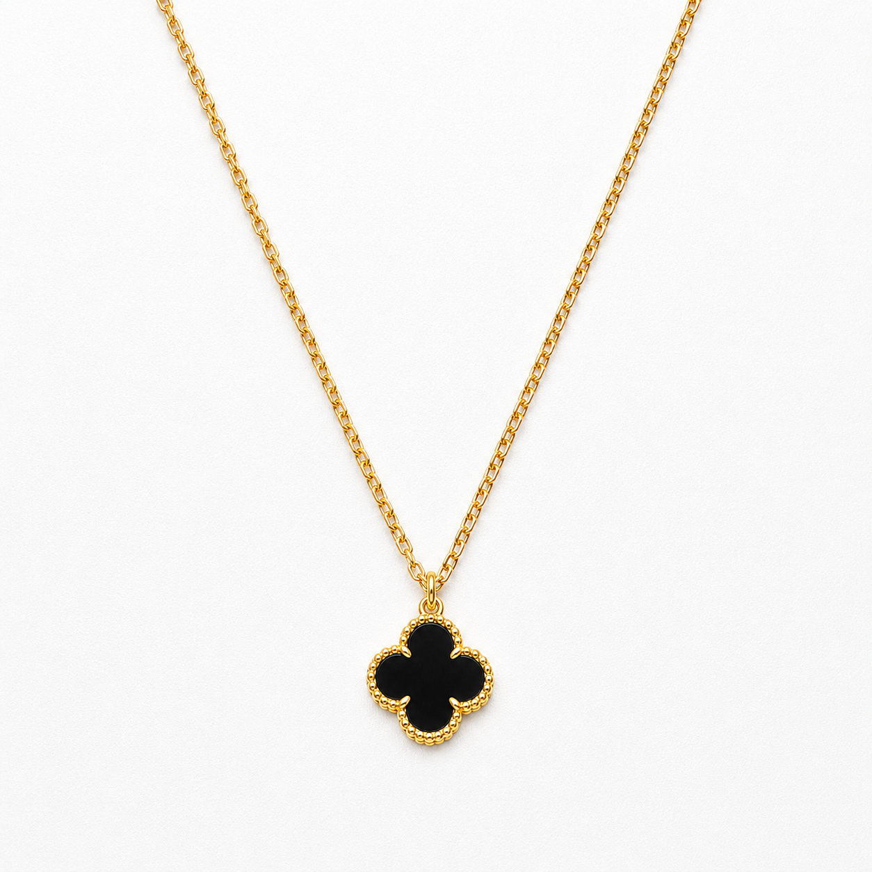 Colar Trevo Preto 45cm + 5cm Banhado a Ouro 18k