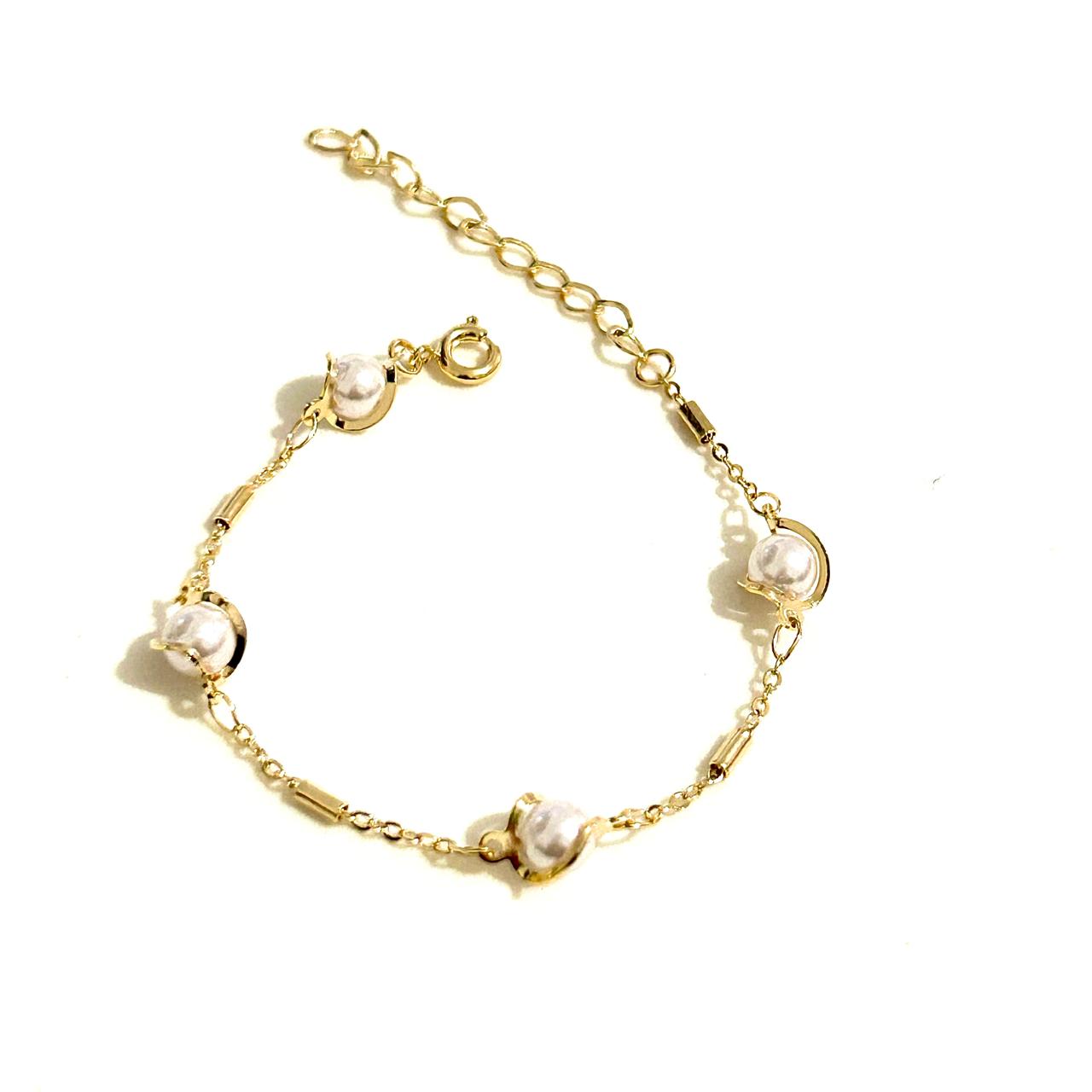 Pulseira Pérola Globinho 15cm + 5cm Banhada a Ouro 18k