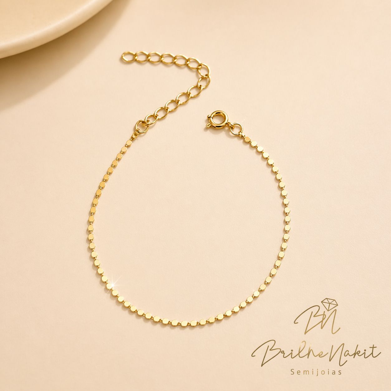 Pulseira Mini Bolinhas Achatadas 15cm + 5cm Banhado a Ouro 18k