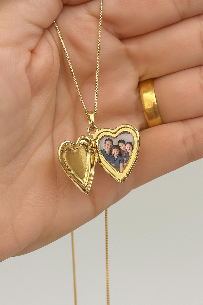 Colar Relicário Coração Trabalhado 50cm Banhado a Ouro 18k