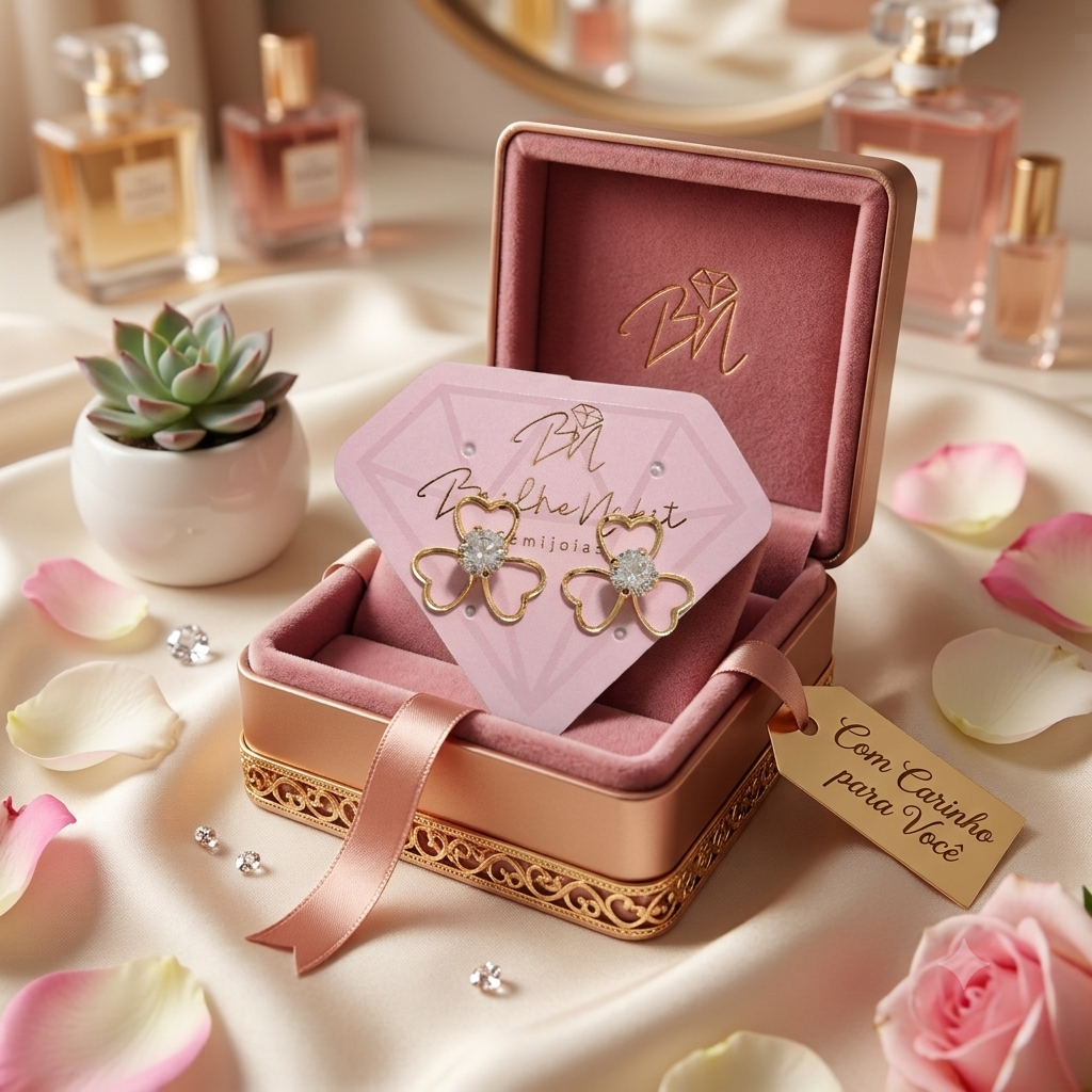 Brinco Flor Zircônia com Três Pétala em Coração Banhado a Ouro 18k