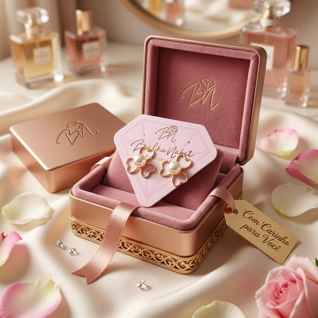 Brinco Flor Pérola com Três Pétala em Coração Banhado a Ouro 18k