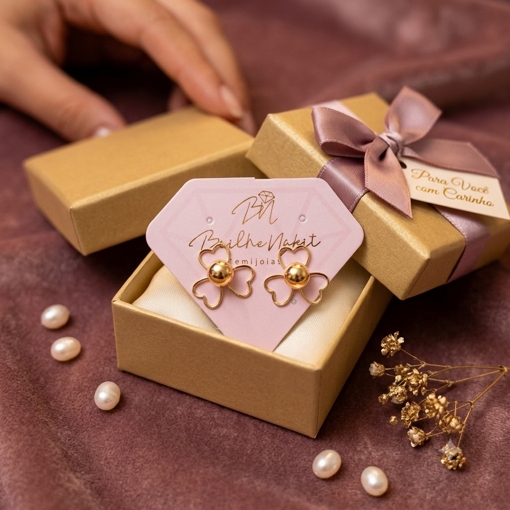 Brinco Flor Bolinha com Três Pétala em Coração Banhado a Ouro 18k