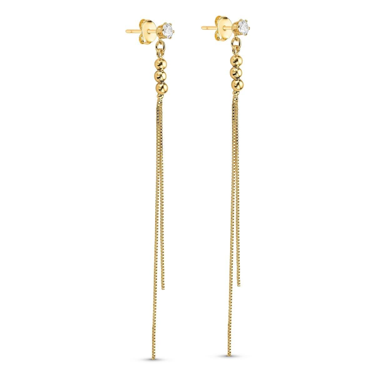 Brinco Ponto de Luz com Três Bolinhas e Duas Correntes Penduradas Banhado a Ouro 18k