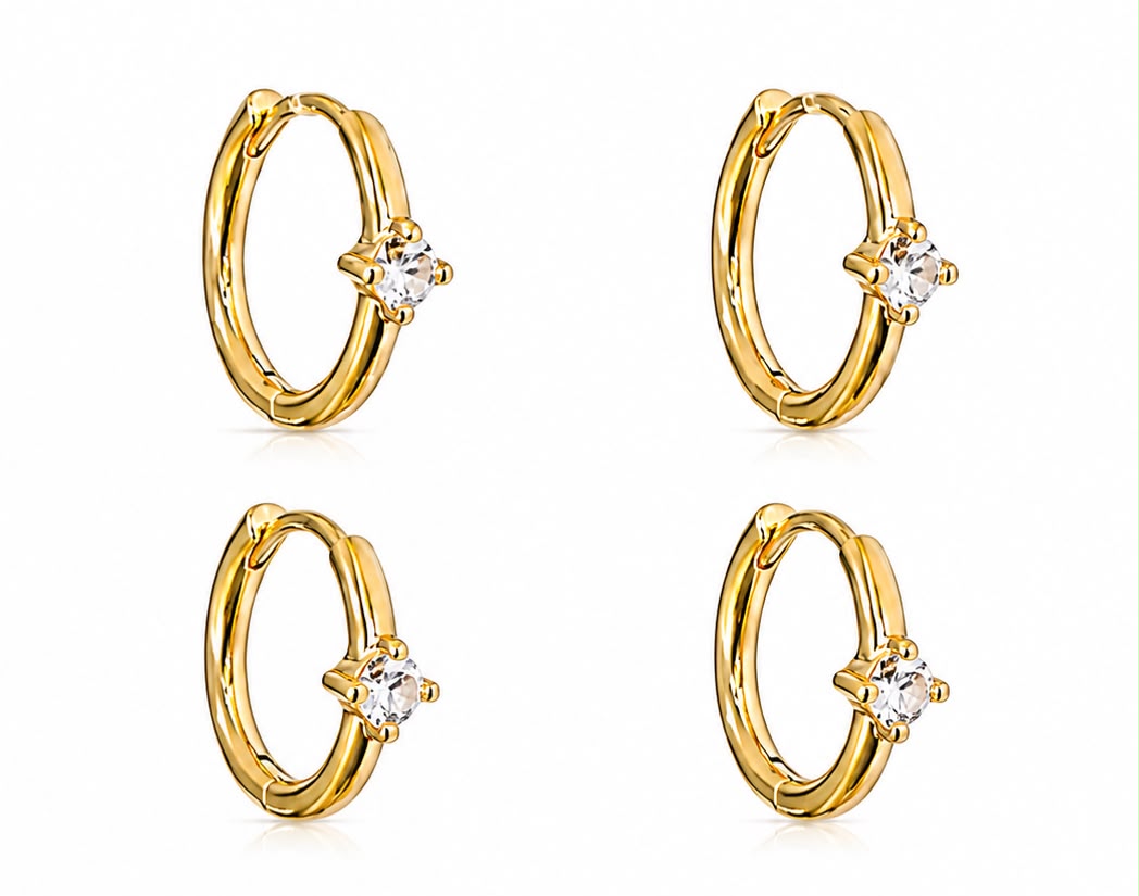 Brinco Argolinha Dupla com Uma Pedra de Zircônia Banhada a Ouro 18k