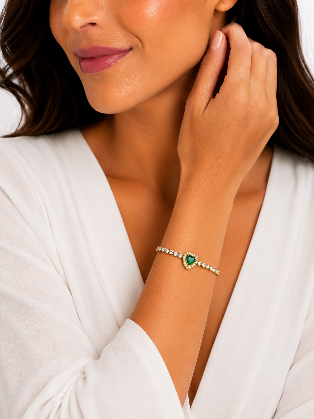 Pulseira Coração Esmeralda Cravejada Aço.