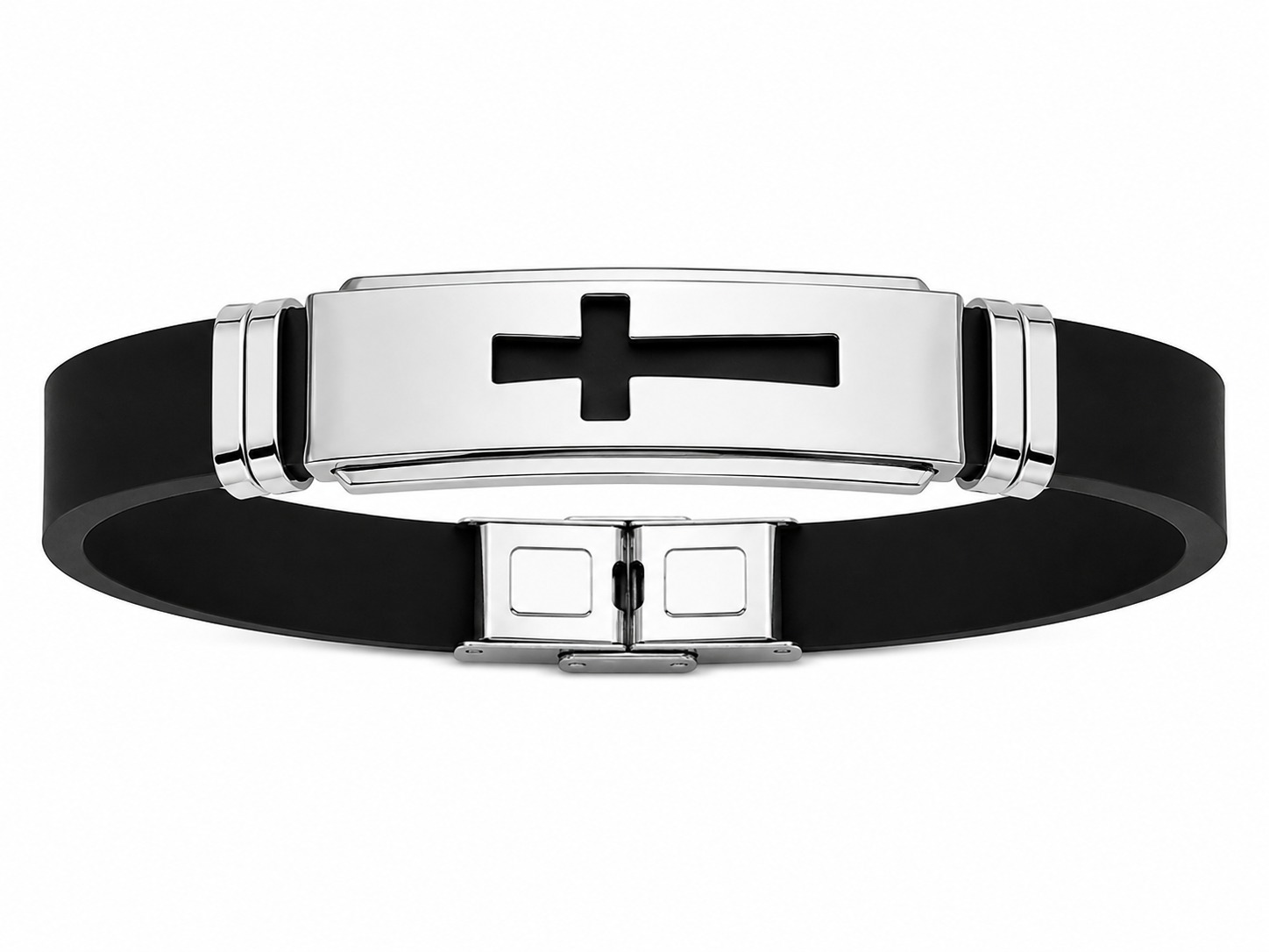 Pulseira Masculina Cruz em Aço Inoxidável e Silicone.