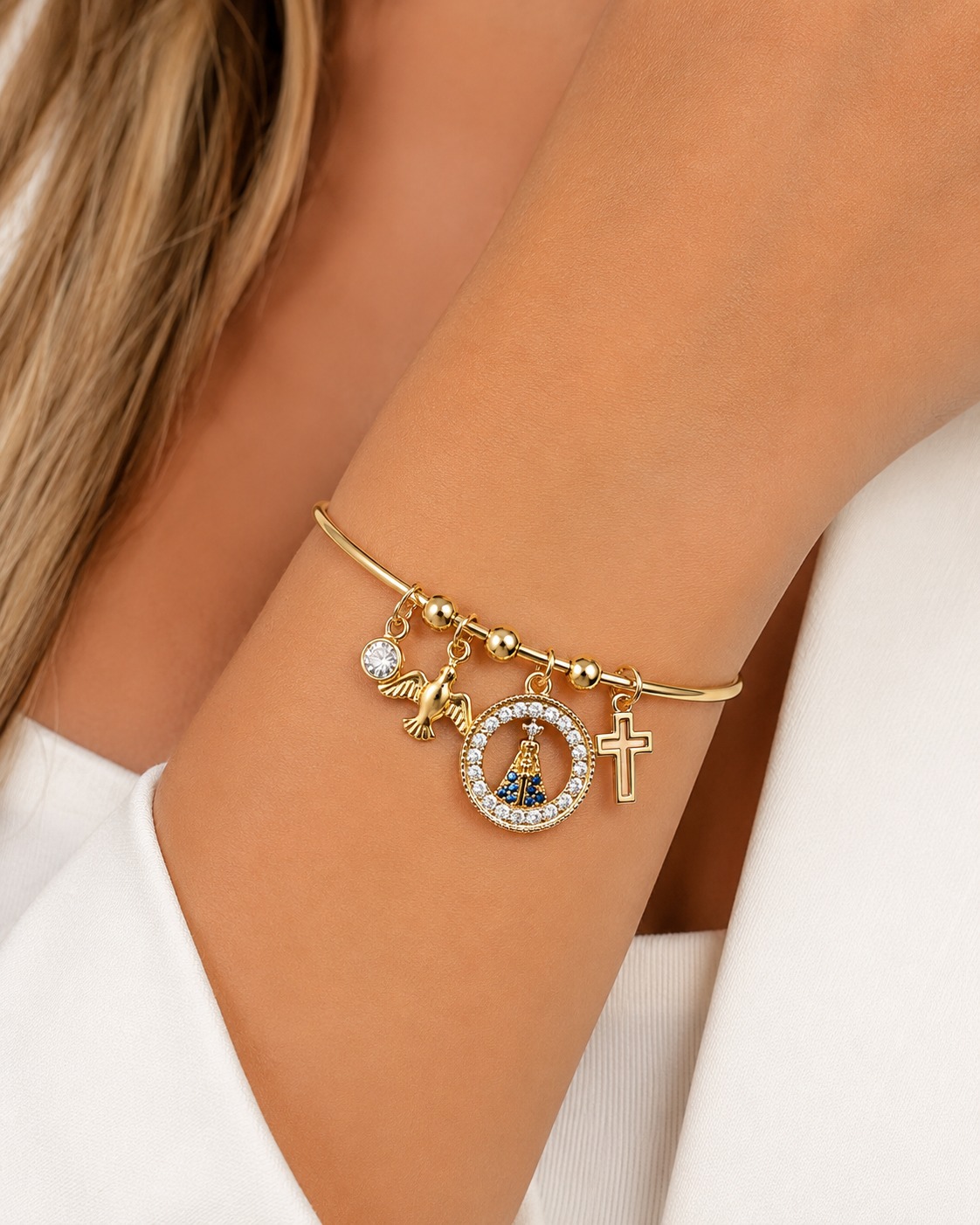 Pulseira Bracelete Nossa Senhora Aparecida com Pingentes Religiosos