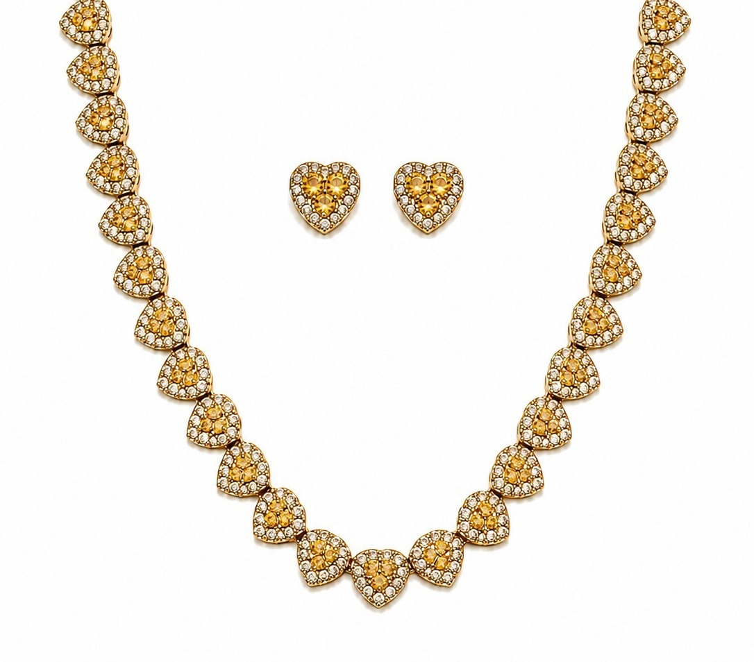 Conjunto Cravejado Coração Dourado com Pedras Coloridas  40cm