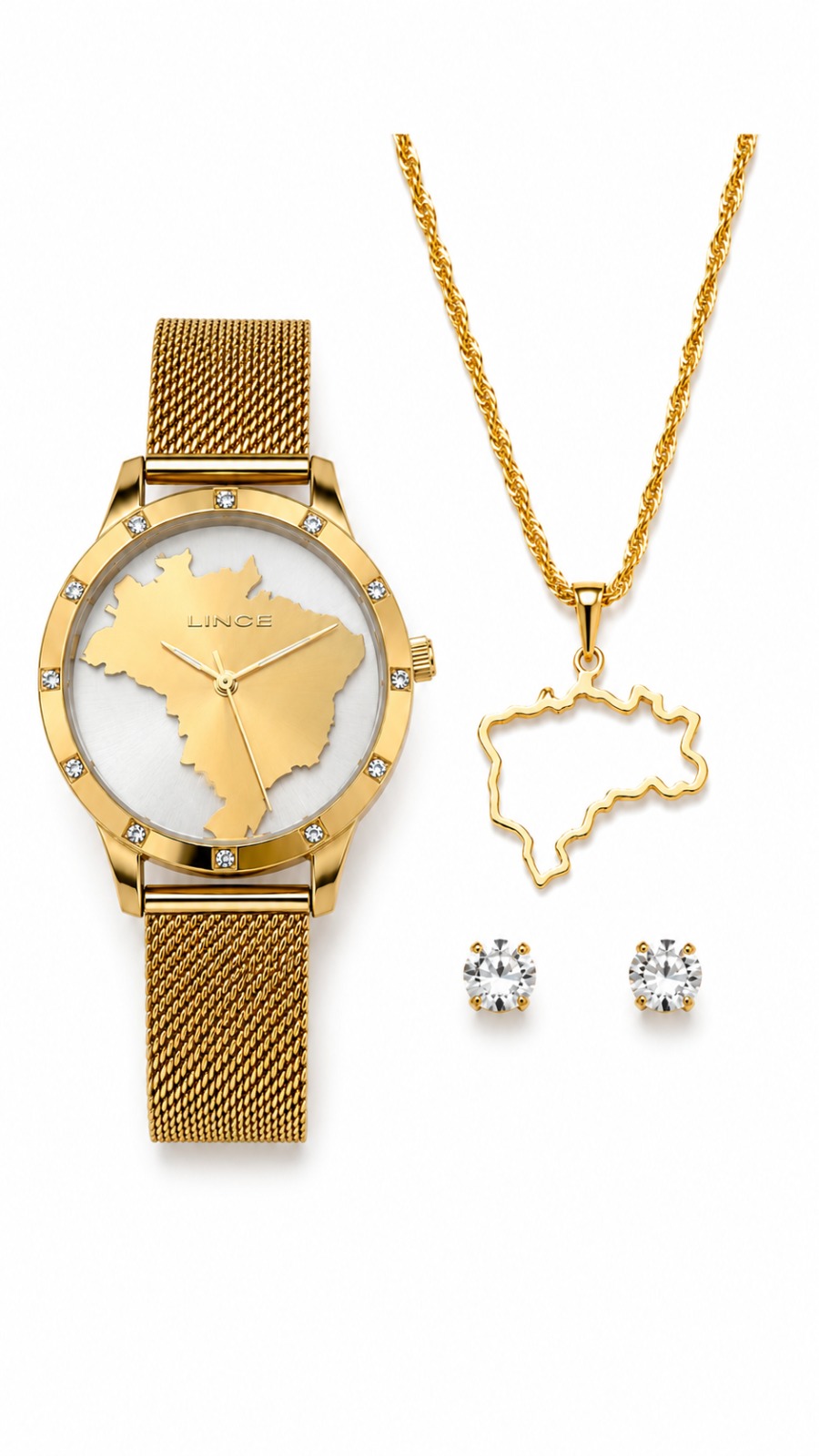 Relógio Lince Feminino com Conjunto Folhado Mapa do Brasil.