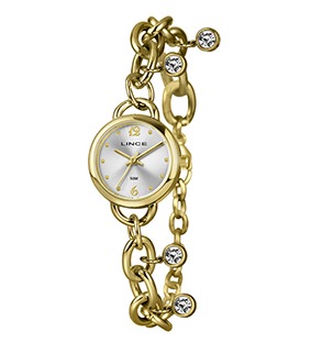 Relógio Feminino Lince Crystal Chain Gold Dourado.