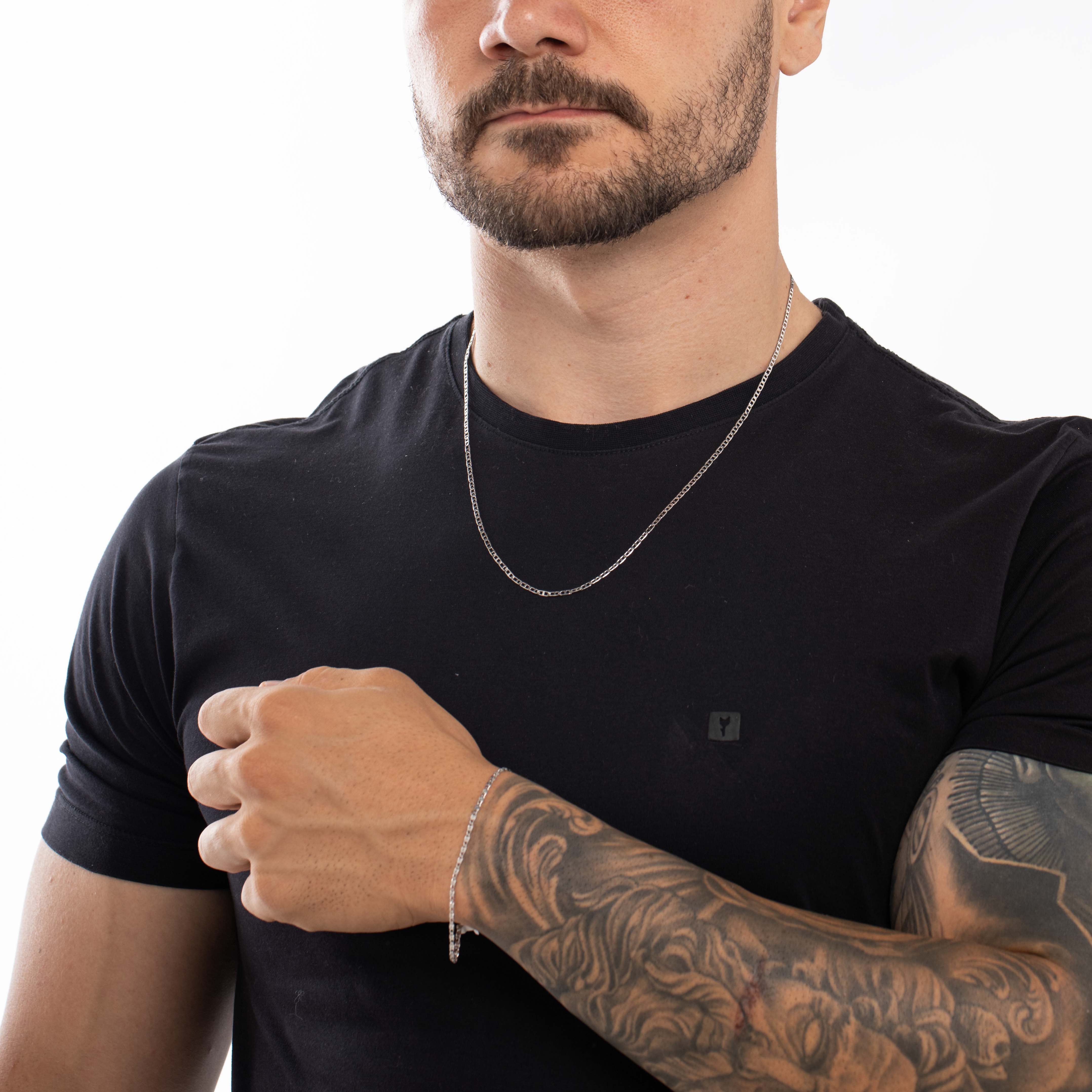 PULSEIRA MASCULINA ELO 1X1 TRAVESSINHA TRABALHADA 18CM- BANHADO A RÓDIO BRANCO