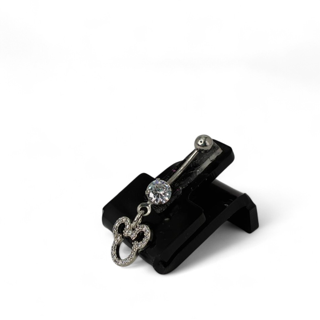 PIERCING DE UMBIGO BASE BOLINHA COM PENDURICALHO MICKEY ZIRCONIA CRISTAL  -  BANHADO A RÓDIO BRANCO