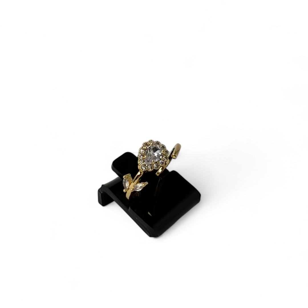ANEL REGULAVEL FLOR COM GOTA CRAVEJADO + ARO COM LISO COM FOLHA   - BANHADO A OURO 18K