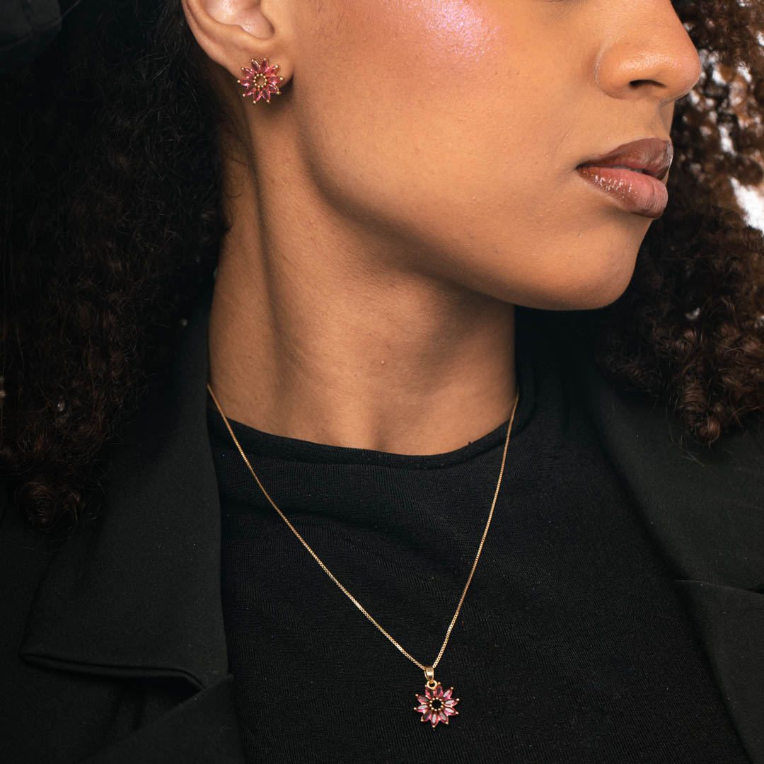 CONJUNTO CORRENTE VENEZIANA COM PINGENTE FLOR 10 PÉTALAS ZIRCONIA PINK - BANHADO A OURO 18K