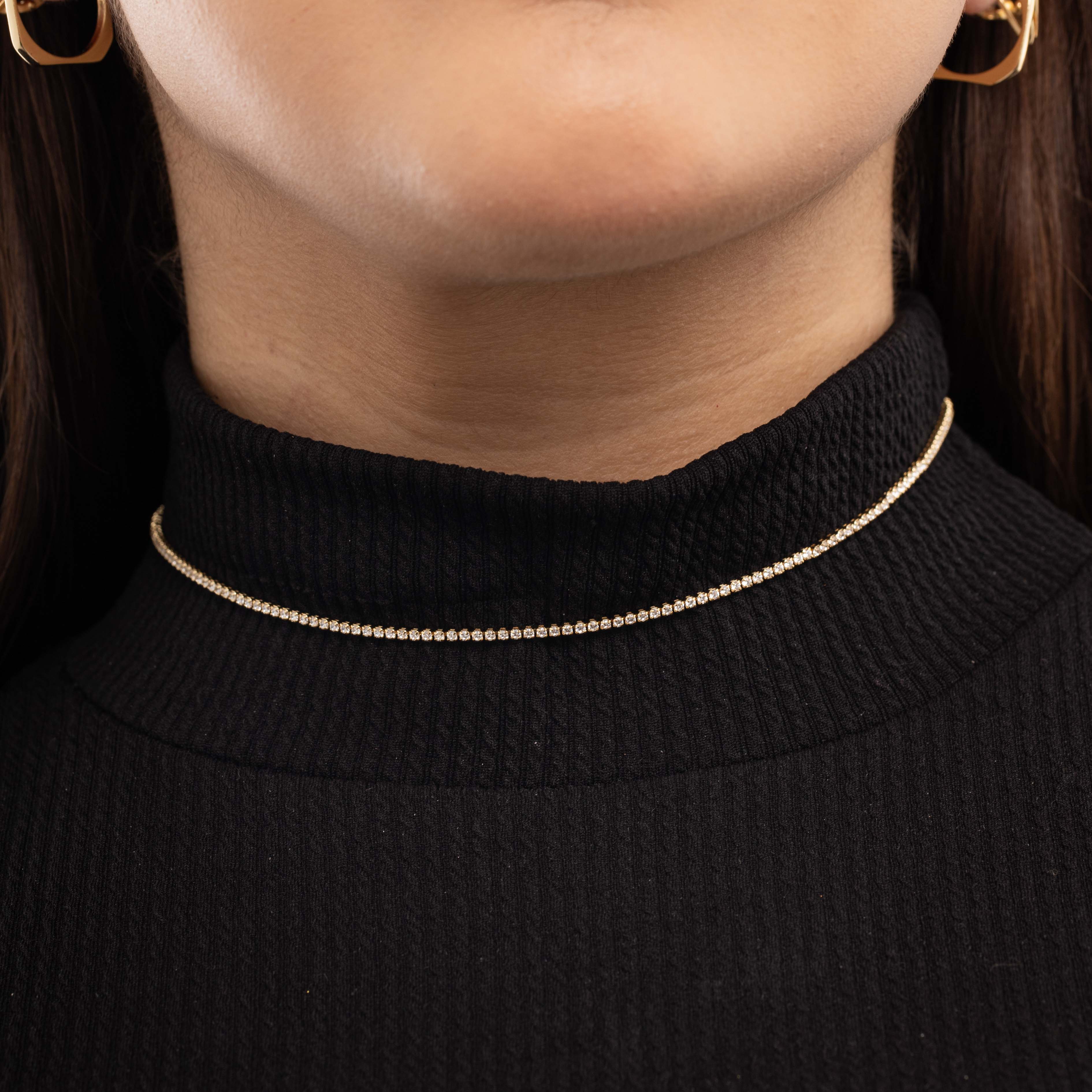 CHOKER CORRENTE RIVIERA EXTRA FINA COM ZIRCONIA CRISTAL E EXTENSOR 1,5MM  - BANHADO A OURO 18K