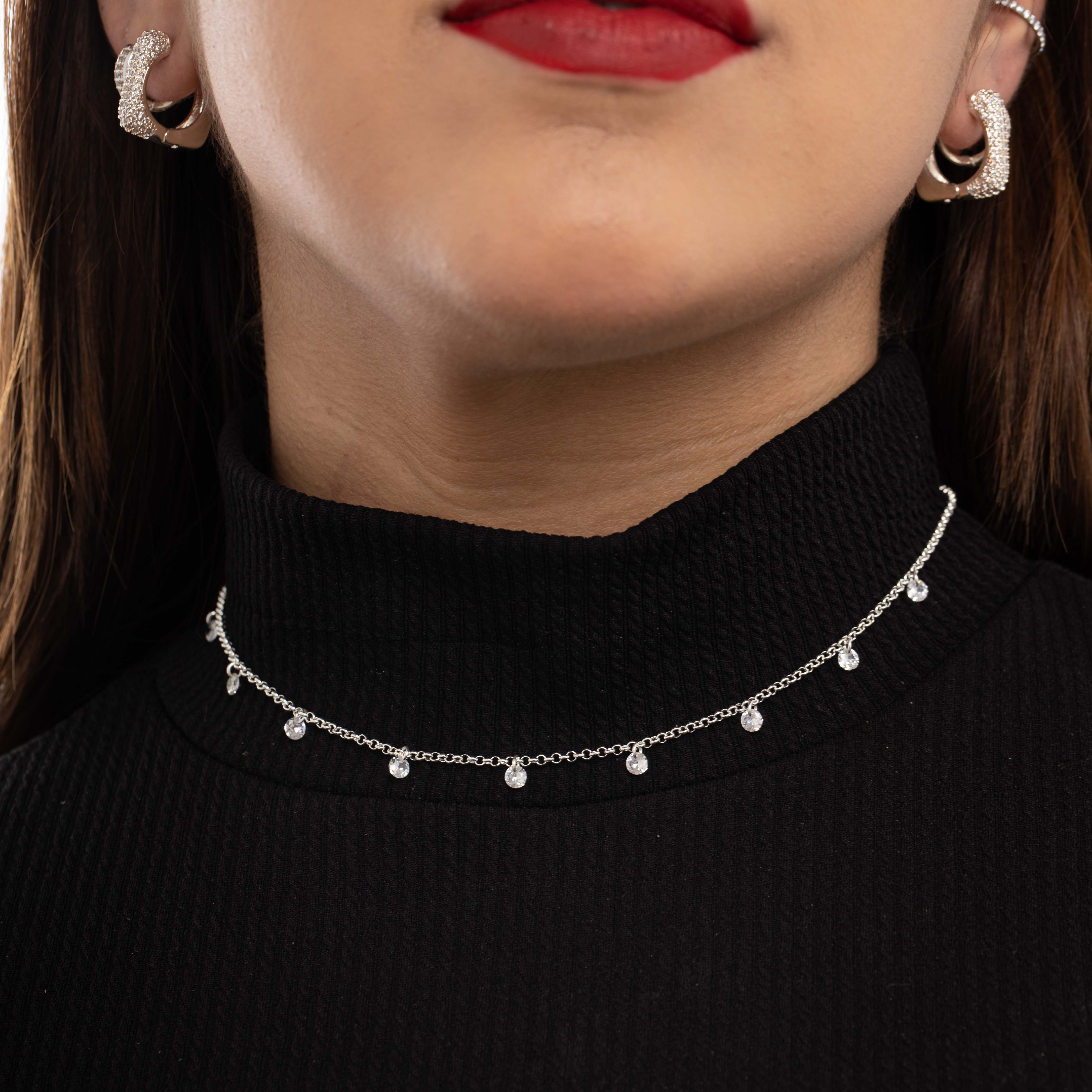 CHOKER CORRENTE ELO PORTUGUES FINO  COM PONTO DE LUZ ZIRCONIA CRISTAL E EXTENSOR   - BANHADO A PRATA 925