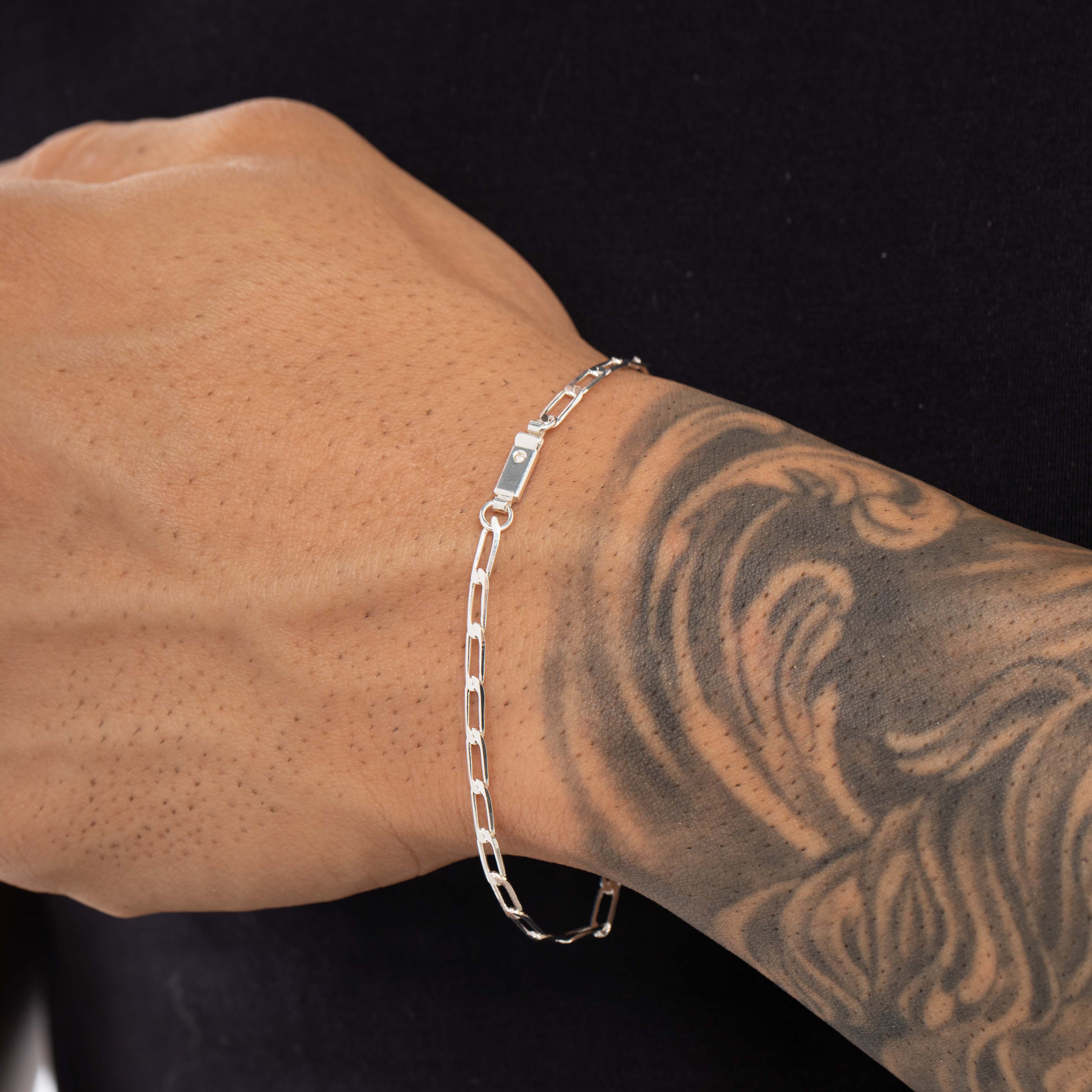 PULSEIRA MASCULINA GRUMET LONGO MÉDIO ELO FINO COM FECHO GAVETA  - BANHADO A PRATA 925