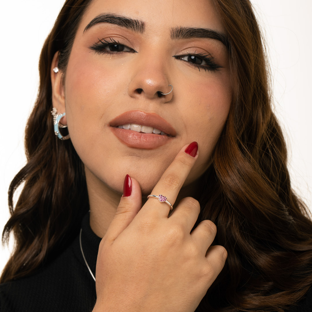ANEL ARO LISO LARGO COM CORAÇÃO EM MICRO ZIRCÔNIA PINK Nº16- BANHADO A PRATA 925