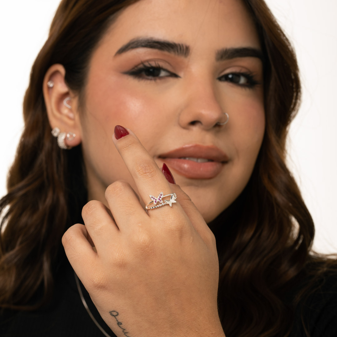ANEL ARO DUPLO PONTILHADO COM BORBOLETA LISA E BORBOLETA CRAVEJADA COM MICRO ZIRCÔNIA PINK  Nº16 - BANHADO A PRATA 925