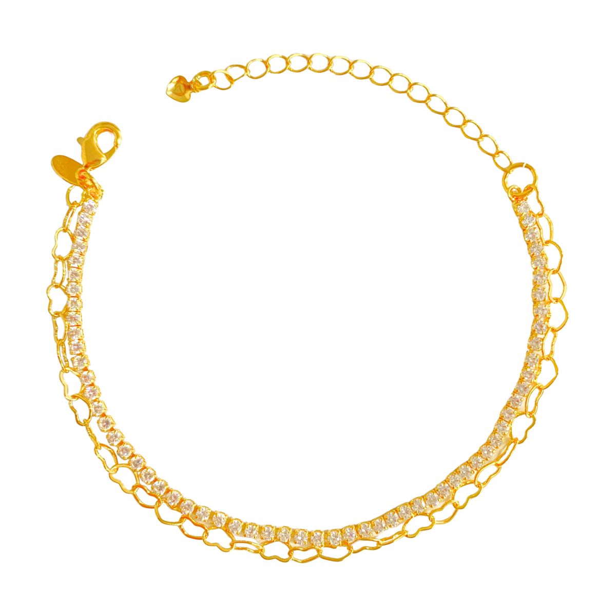 PULSEIRA DUPLA 1 COM RIVIERA CRISTAL E 1 COM CORAÇÃO ELO VAZADO
