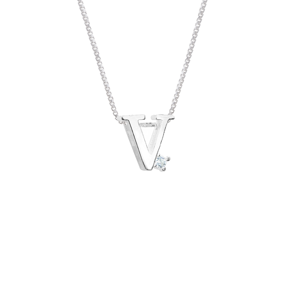 GARGANTILHA PRATA 925 LETRA V COM ZIRCONIA CRISTAL 1X1CM