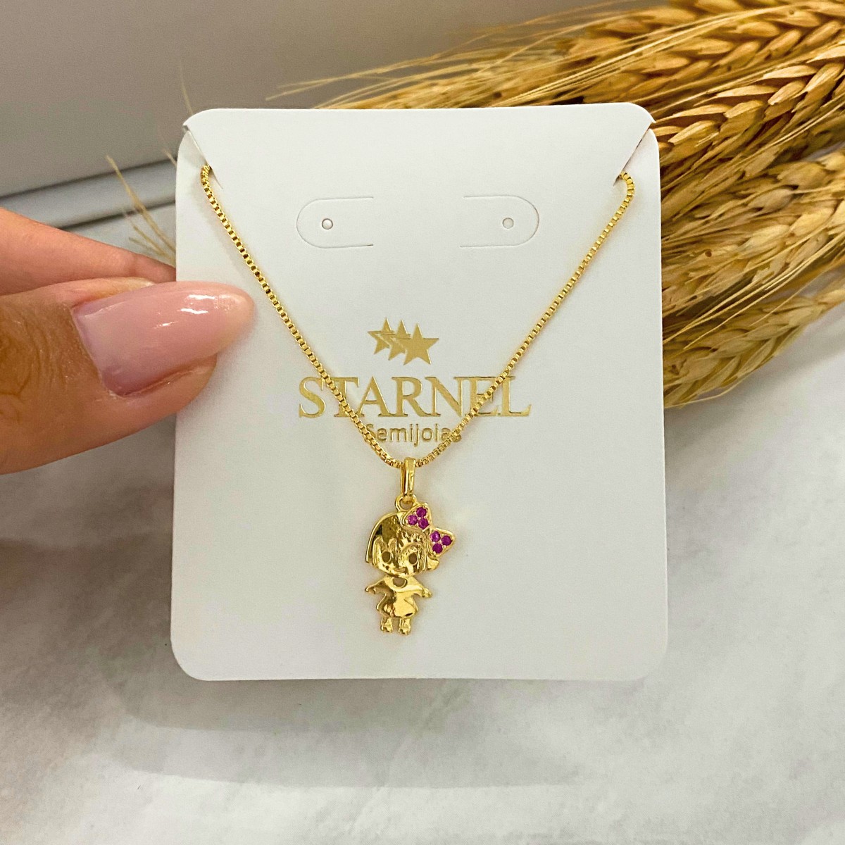 GARGANTILHA VENEZIANA + PINGENTE FILHO MENINA LAÇO ROSA