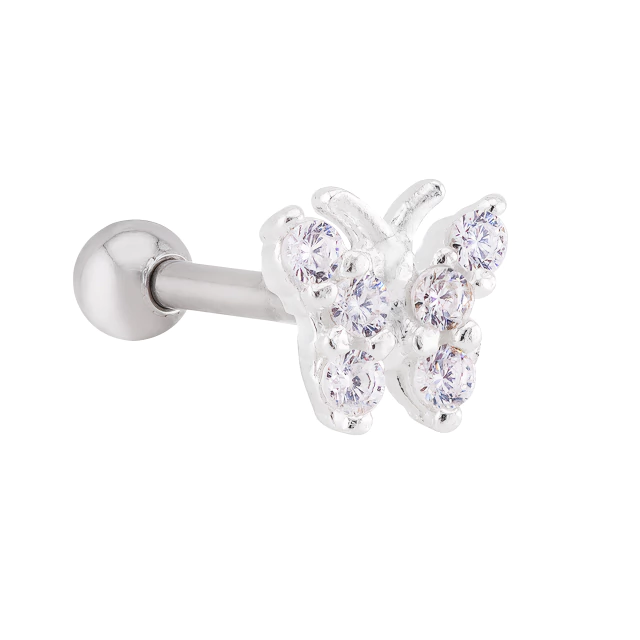 PIERCING P925, E O PINO E TARRACHA EM AÇO CIRURGICO P/ TRAGUS E HÉLICE BORBOLETA CRAVEJADA CRISTAL 6MM