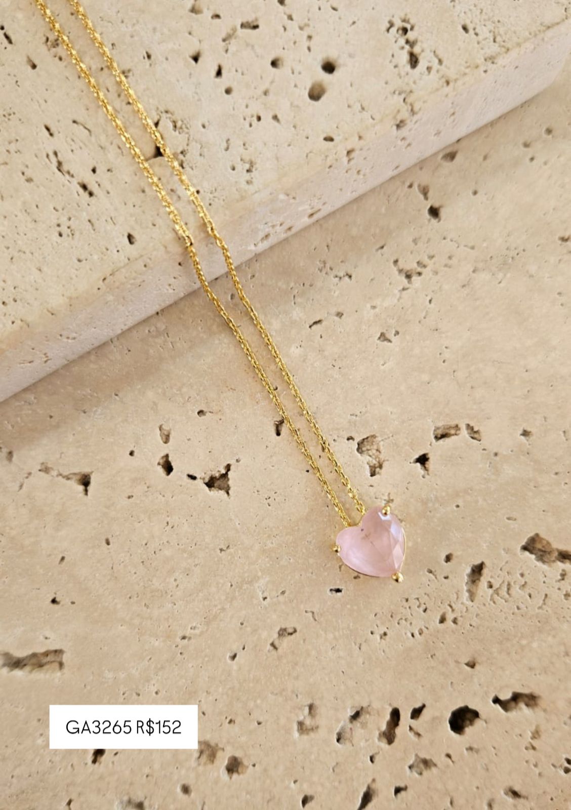 Gargantilha Coração Pedra Rosa 45cm