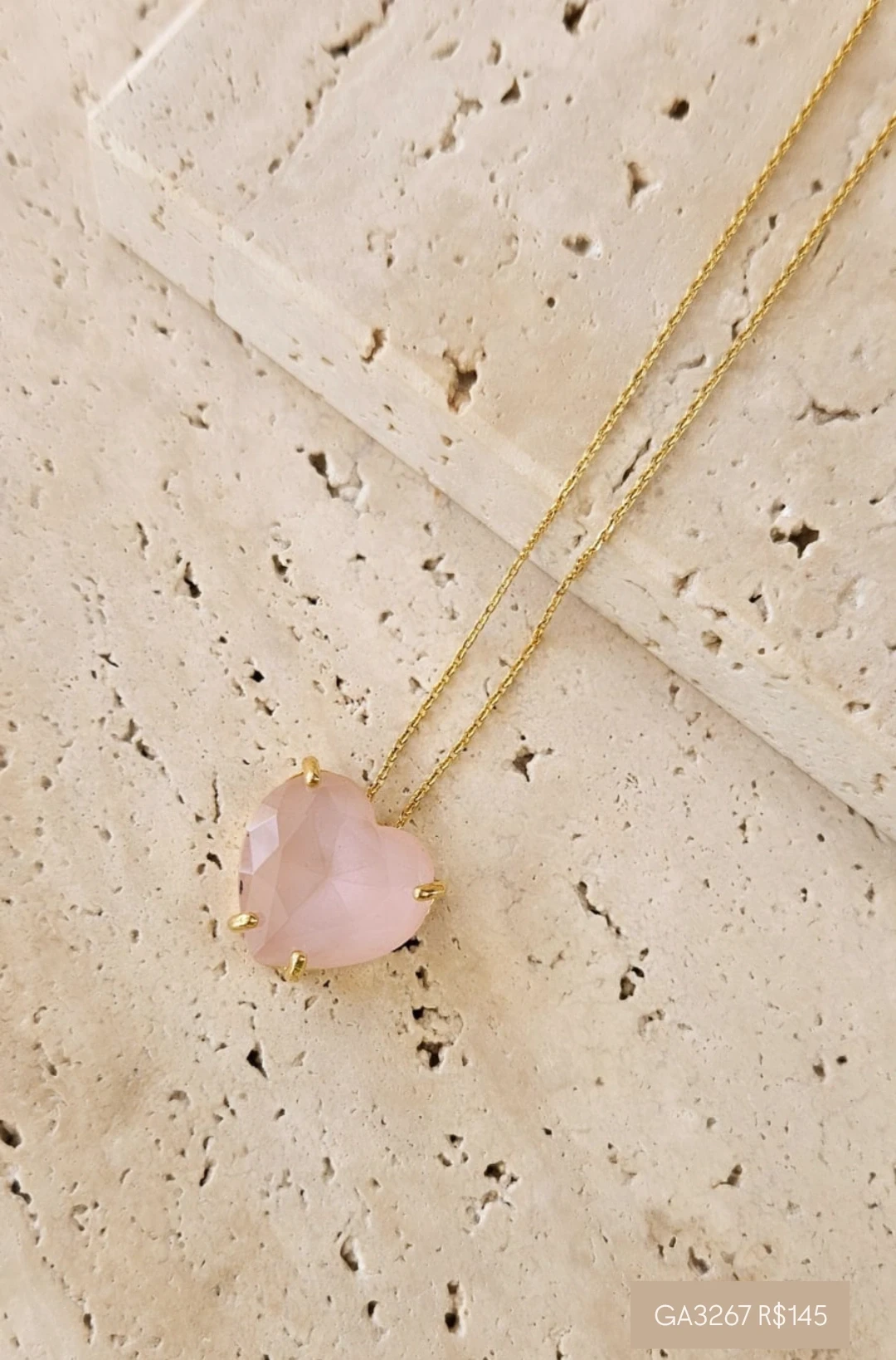 Gargantilha Coração Pedra Rosa Gde 45cm