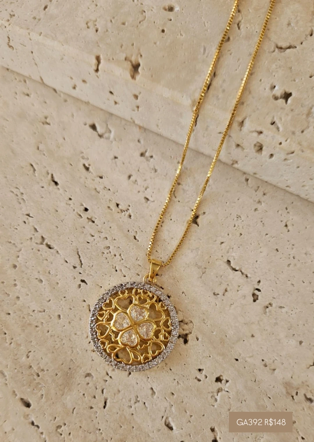 Gargantilha Trevo Coração Zirconias 50cm