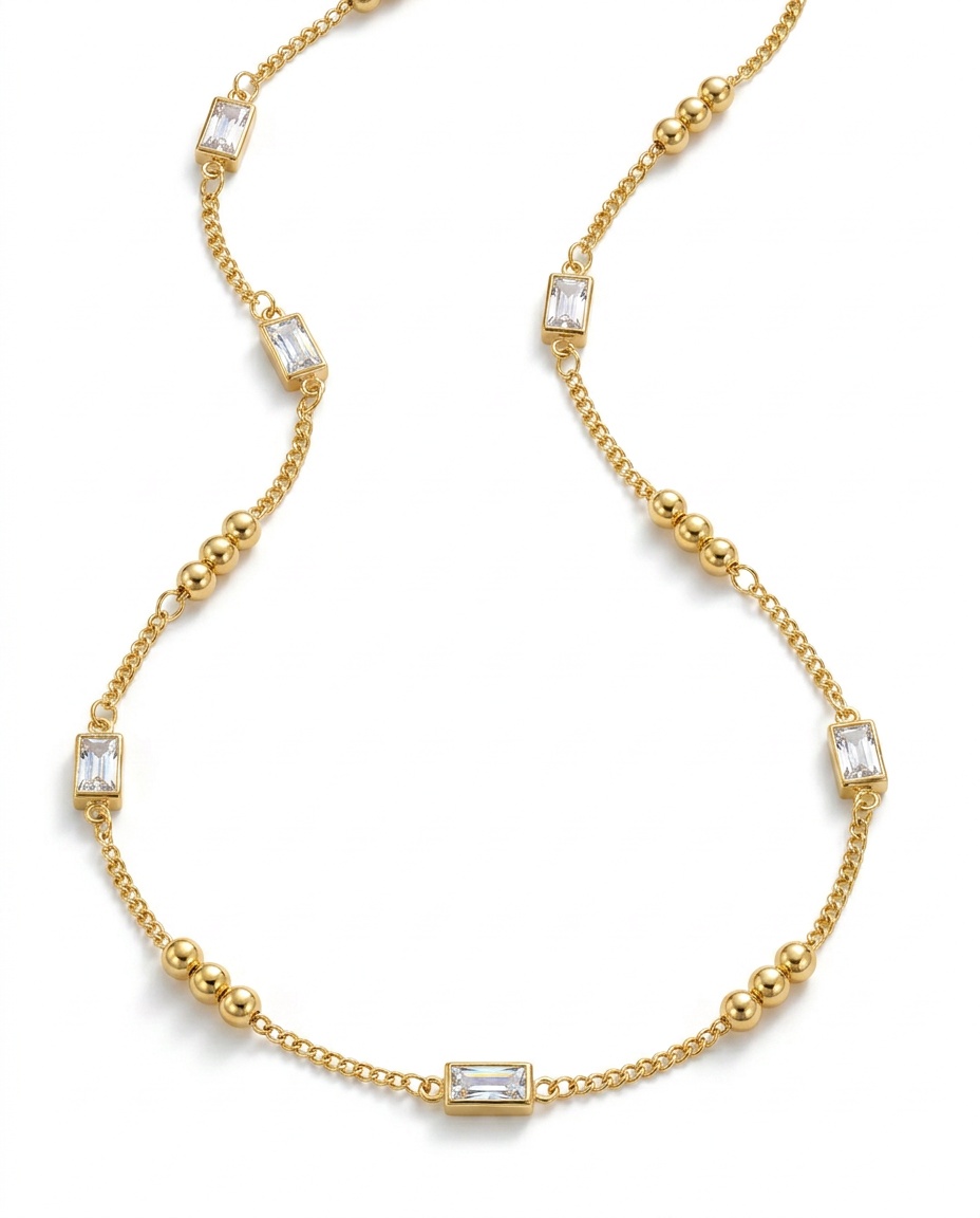 Gargantilha Bolinhas e Zirconia Baguete 45cm