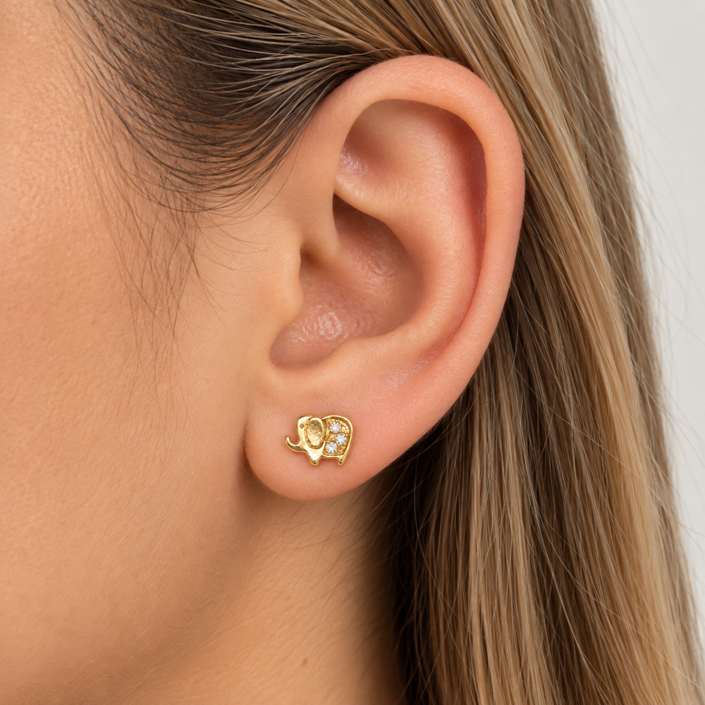 Brinco Elefante Detalhe em Pedras Banhado a Ouro 18k com Zircônias - 9 mm