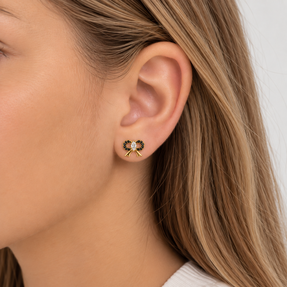 Brinco Laço com Ródio Negro Banhado a Ouro 18k com Zircônias - 9 mm