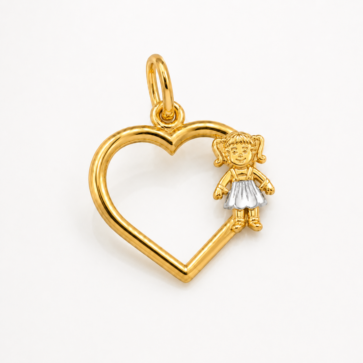 Pingente Coração Vazado com 1 Menina Banhado a ouro 18k - 1,5 cm